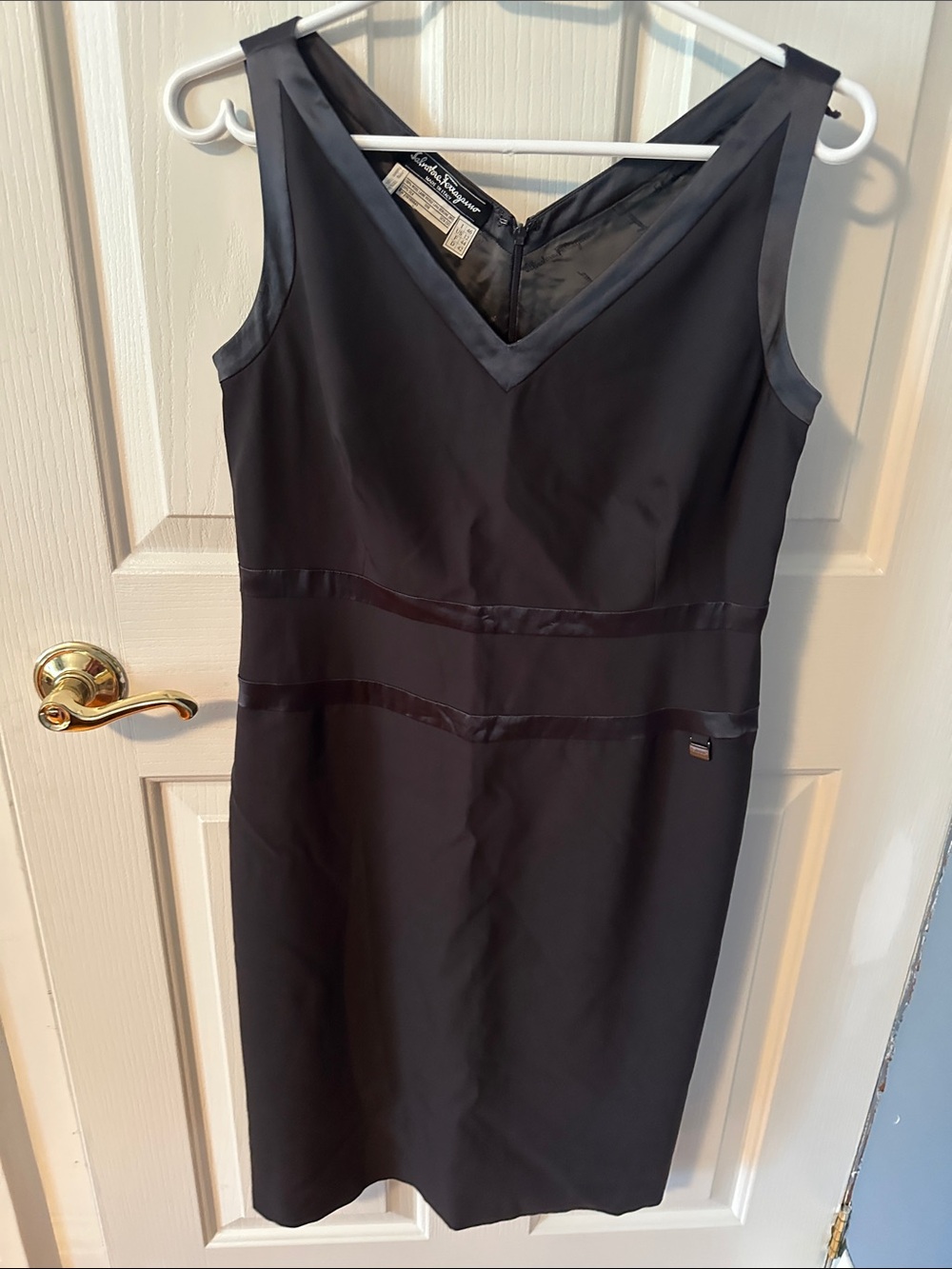 Salvatore Ferragamo Black V-Neck Sheath Dress with Satin Bands